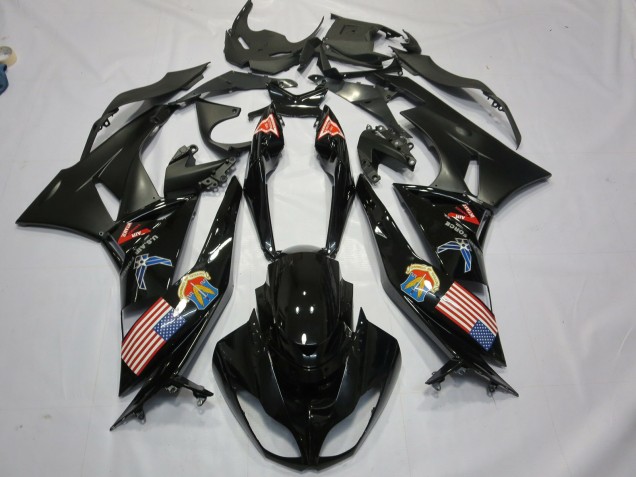 Carenagens Moto Kawasaki ZX6R 2009-2012 - Preto Brilhante Preto Fosco Bandeira Americana