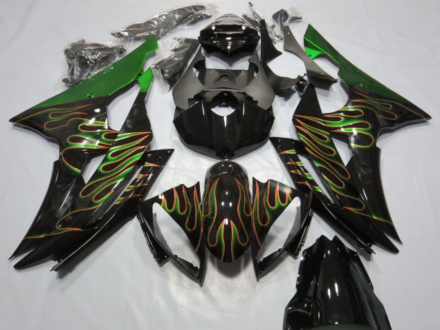 Carenagens Moto Yamaha R6 2008-2016 - Verde Preto Brilhante Ouro Chama