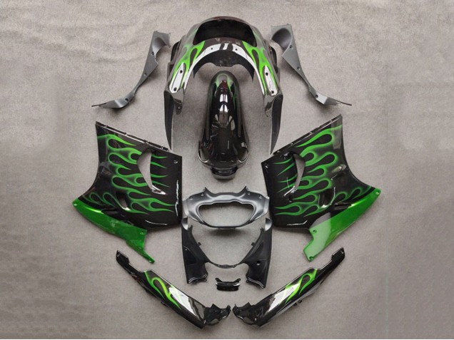 Carenagens Moto Kawasaki ZZR1100 1993-2003 - Preto Brilhante Verde Chama