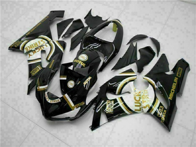Carenagens Moto Kawasaki ZX6R 2005-2006 - Preto Brilhante Branco Ouro Lucky Strike