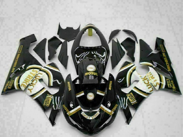 Carenagens Moto Kawasaki ZX6R 2005-2006 - Preto Brilhante Branco Ouro Lucky Strike