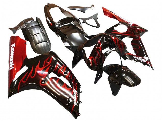 Carenagens Moto Kawasaki ZX6R 2003-2004 - Preto Brilhante Vermelho Chama