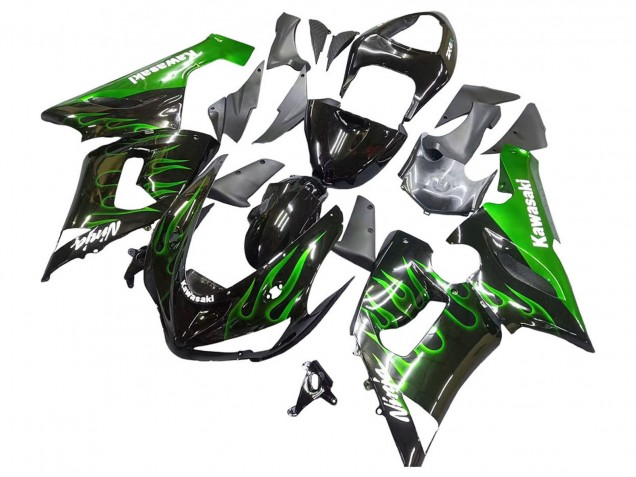 Carenagem Moto Kawasaki ZX6R 2005-2006 - Preto Brilhante Verde Chama