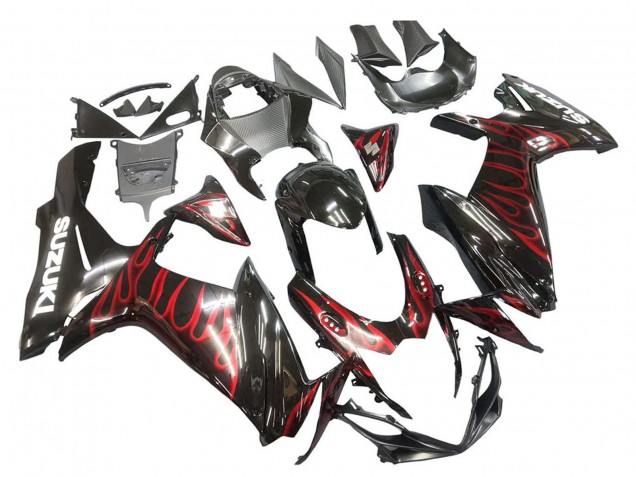 Carenagens Moto Suzuki GSXR 600 / GSXR 750 2011-2024 - Preto Brilhante Vermelho Chama