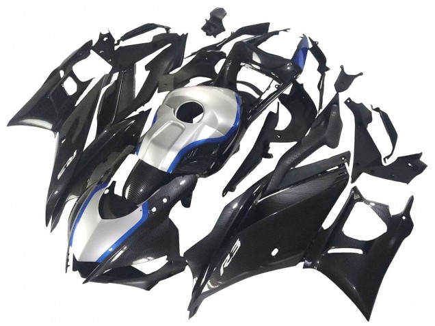 Carenagens Moto Yamaha YZF R3/R25 2022-2024 - Preto Fibra de Carbono Estilo Prata Azul
