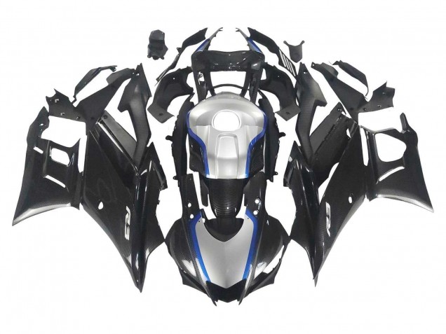 Carenagens Moto Yamaha YZF R3/R25 2022-2024 - Preto Fibra de Carbono Estilo Prata Azul