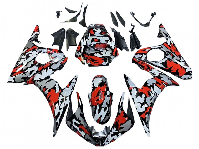 Carenagens Moto Yamaha YZF 600 R6 2005 - Preto Vermelho Cinzento Camouflage