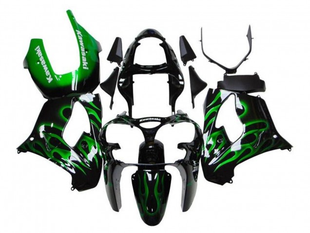 Carenagens Moto Kawasaki ZX9R 2000-2001 - Preto Brilhante Verde Chama Branco