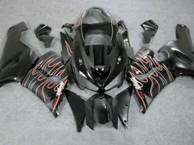 Carenagens Moto Kawasaki ZX6R 2005-2006 - Preto Brilhante Vermelho Branco Chama