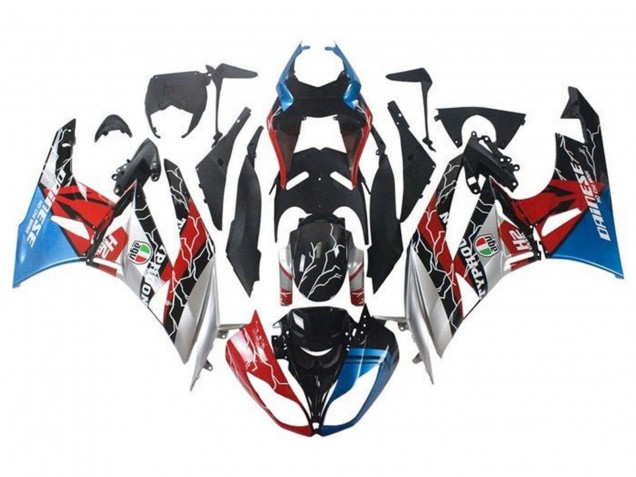 Carenagens Moto Kawasaki ZX6R 2009-2012 - Azul Vermelho Preto Brilhante Prata