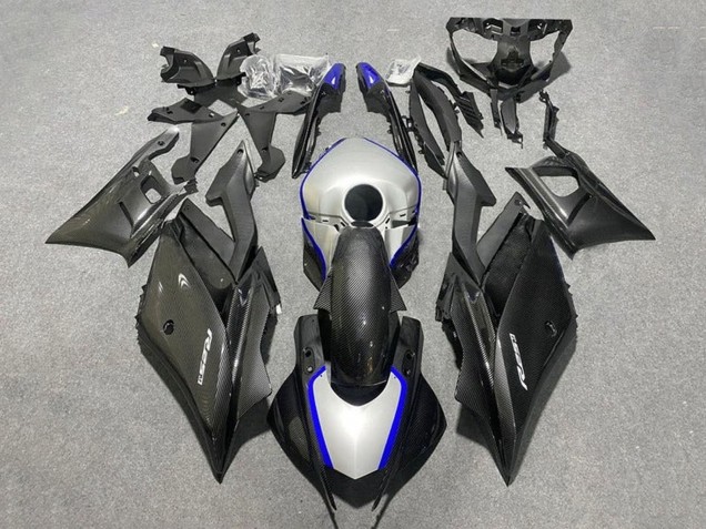 Carenagens Moto Yamaha YZF R3/R25 2019-2021 - Preto Fibra de Carbono Estilo Prata Azul