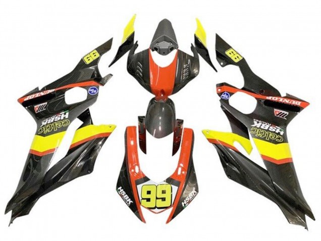 Carenagens Moto Yamaha YZF R6 2017-2023 - Amarelo Laranja Preto Falso Fibra de Carbono