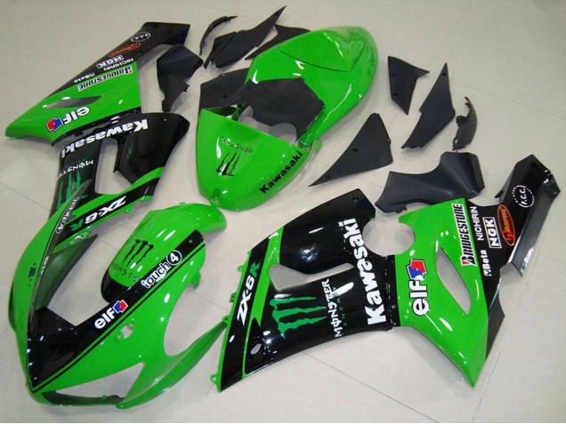 Carenagens Moto Kawasaki ZX6R 2005-2006 - Verde Preto Brilhante Elf Monstro