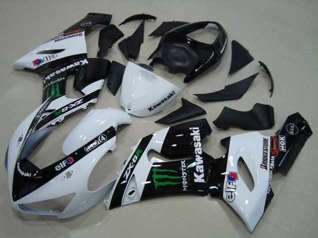 Carenagens Moto Kawasaki ZX6R 2005-2006 - Branco Preto Brilhante Verde Monstro
