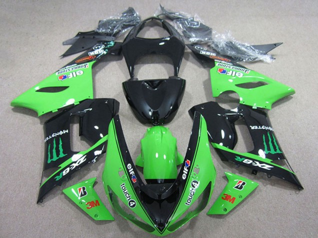 Carenagens Moto Kawasaki ZX6R 2005-2006 - Preto Brilhante Verde Elf Touch4 Bridgestone Monstro