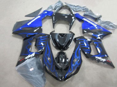 Carenagens Moto Kawasaki ZX6R 2005-2006 - Preto Brilhante Azul Chama