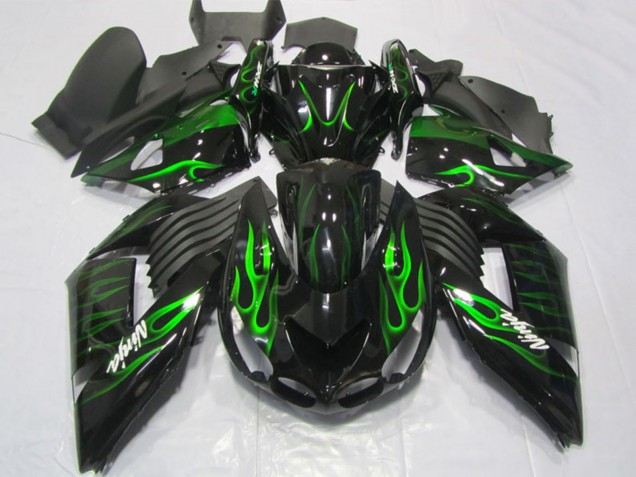 Carenagens Moto Kawasaki ZX14R ZZR1400 2006-2011 - Preto Brilhante Verde Chama