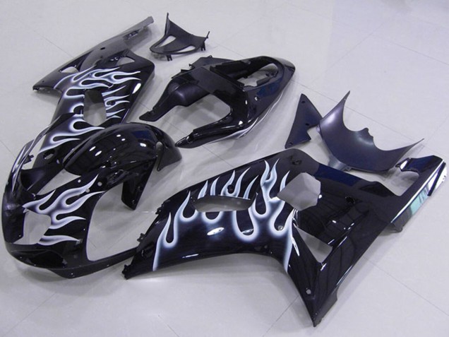 Carenagens Moto Suzuki GSXR 750 2001-2003 - Preto Brilhante Branco Chama