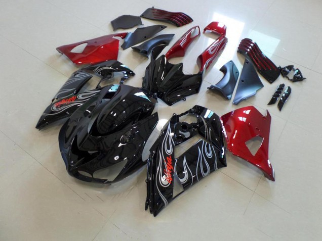 Preto Nd Vermelho Prata Chama Carenagem Kawasaki ZX14R ZZR 1400 2006-2011 Preto Nd Vermelho Prata Chama Carenagem Kawasaki ZX14R ZZR 1400 2006-2011